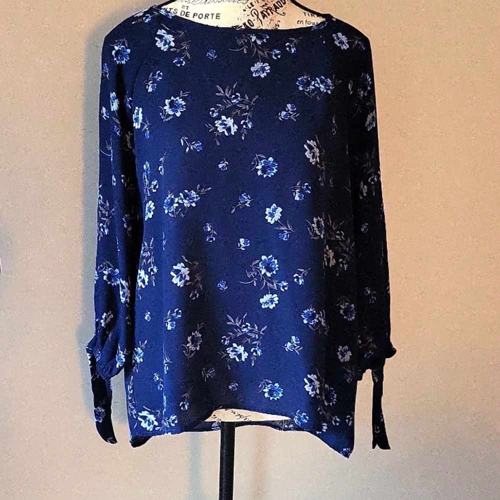 Papermoon Navy Floral Long Sleeve Tie Cuff Blouse